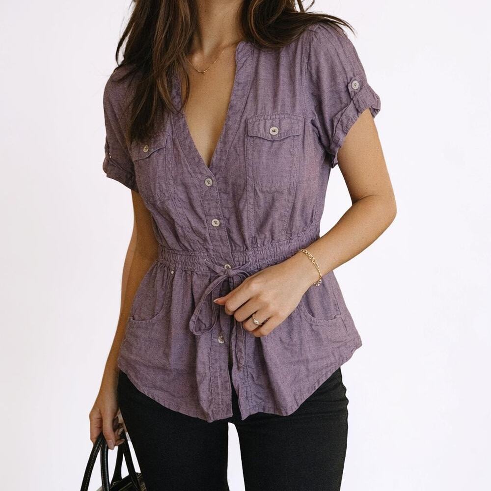Guess Purple Button Front Drawstring Waist Top Short Sleeve Medium